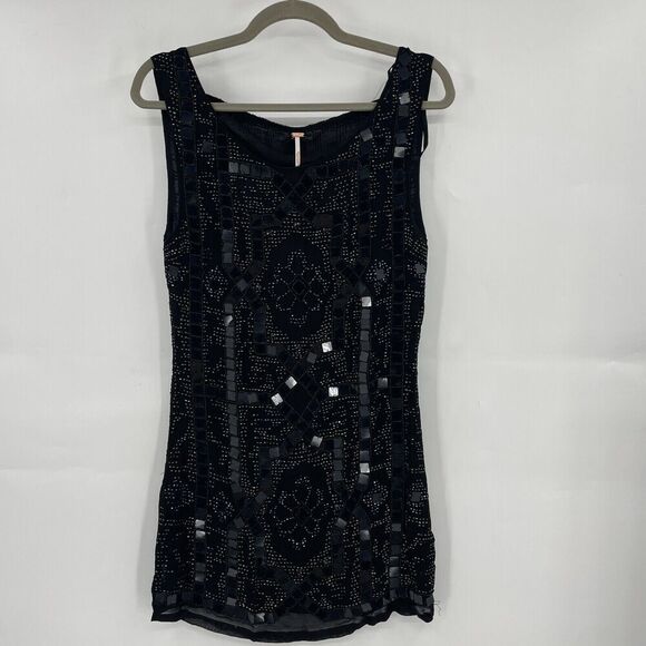 Free People Speak Easy Mini Dress Women's 2 Black Viscose Embellished Scoop Neck - Picture 1 of 15